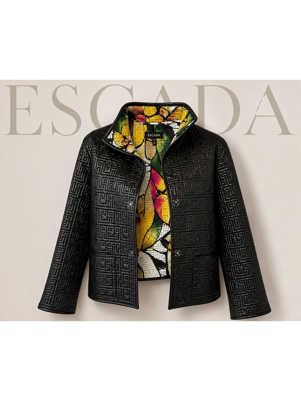 ESCADA Black Quilted Lamb Leather Jacket Silk Lined Italy Size 44 Vintage
